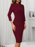 Women Solid Round Neck Three-Quarter Sleeve Bodycon Dress