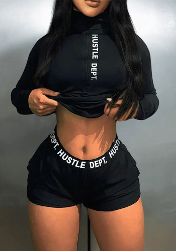 Women Stand Collar Long Sleeve Top and Shorts Two-Piece Set