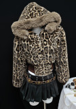 Women Furry Casual Leopard Print Hooded Jacket