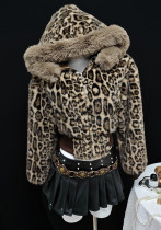 Women Furry Casual Leopard Print Hooded Jacket