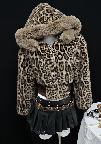 Women Furry Casual Leopard Print Hooded Jacket