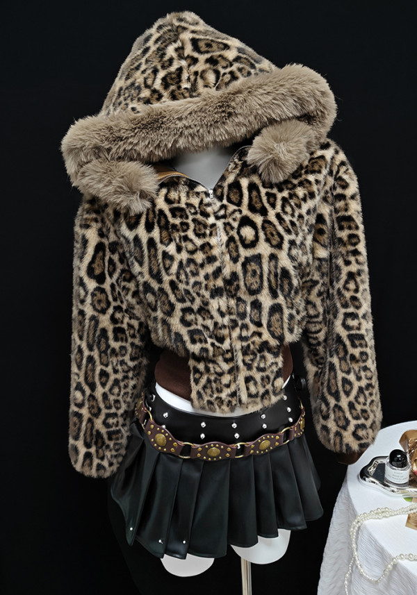 Women Furry Casual Leopard Print Hooded Jacket