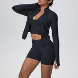 Women's Seamless Solid Color High Stretch Breathable Short Jacket Sport Running Fitness Three-Piece Set