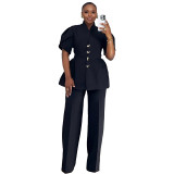 Women Elegant Puff Sleeve Button Top and Pant Two-Piece Set