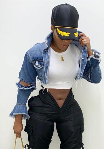 Women patchwork bell bottom ruffled sleeve denim jacket