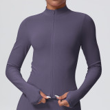 Women's Seamless Solid Color Tight-Fitting High Stretch Breathable Stand Collar Zipper Sport Running Fitness Jacket
