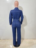 Women Stretchy Bell Bottom Long-Sleeve Denim Jumpsuit