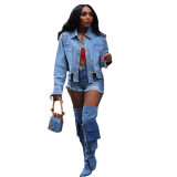 Women distressed irregular rhinestone studded shirt collar long-sleeved denim jacket