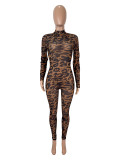 Women Sexy Mesh Leopard Print See-Through Long-Sleeve Jumpsuit
