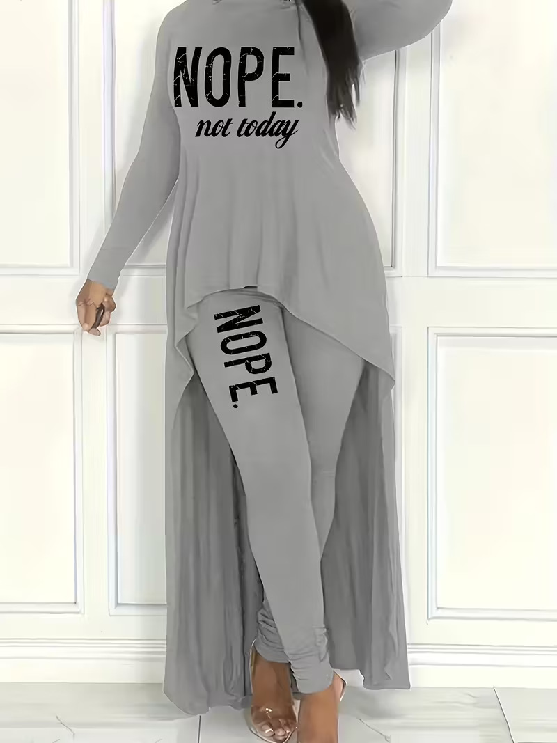 Autumn/Winter Women's Letter Print Asymmetric Top with Casual Tight-Fitting Pants Set