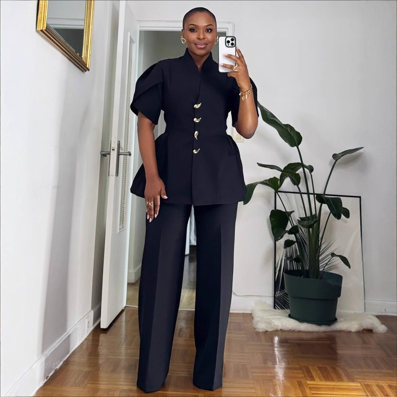 Women Elegant Puff Sleeve Button Top and Pant Two-Piece Set