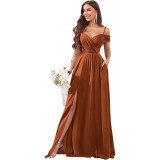Women Off-Shoulder Bridesmaid Wedding Chiffon Sexy Ruffled Evening Gown（Processing time need 3-6 days）
