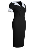 Women Short Sleeve Color Block Neck Dress