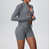 Women's Seamless Solid Color High Stretch Breathable Short Jacket Sport Running Fitness Three-Piece Set