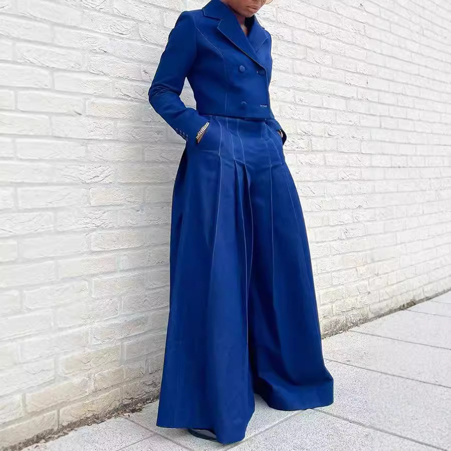 Women autumn/winter denim turndown collar top and wide-leg pants two-piece set