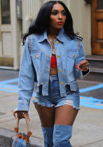 Women distressed irregular rhinestone studded shirt collar long-sleeved denim jacket