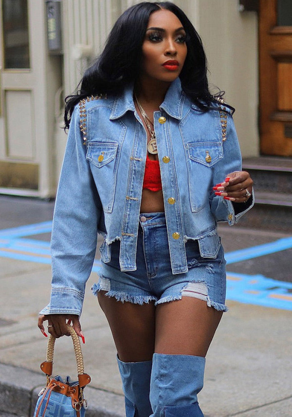 Women distressed irregular rhinestone studded shirt collar long-sleeved denim jacket