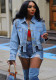 Women distressed irregular rhinestone studded shirt collar long-sleeved denim jacket