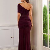 Women French Mesh See-Through Slash Shoulder Sexy Off-Shoulder Pleated Maxi Dress