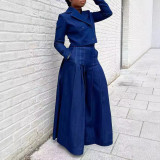 Women autumn/winter denim turndown collar top and wide-leg pants two-piece set