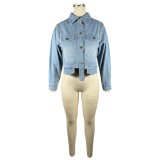 Women distressed irregular rhinestone studded shirt collar long-sleeved denim jacket