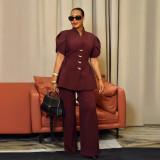 Women Elegant Puff Sleeve Button Top and Pant Two-Piece Set