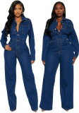 Women Stretchy Bell Bottom Long-Sleeve Denim Jumpsuit
