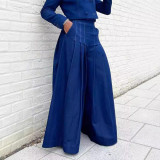 Women autumn/winter denim turndown collar top and wide-leg pants two-piece set