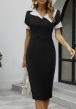 Women Short Sleeve Color Block Neck Dress