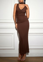 Women Mesh Sleeveless Sexy V-Neck Pleated Bodycon Maxi Dress