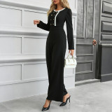 Women Elegant Color-Blocked Long-Sleeve Jumpsuit
