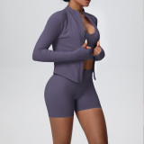 Women's Seamless Solid Color High Stretch Breathable Short Jacket Sport Running Fitness Three-Piece Set