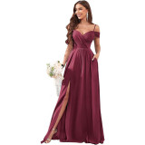 Women Off-Shoulder Bridesmaid Wedding Chiffon Sexy Ruffled Evening Gown（Processing time need 3-6 days）