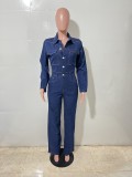 Women Stretchy Bell Bottom Long-Sleeve Denim Jumpsuit
