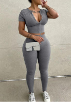 Women Zipper Top and Pants Two-Piece Set