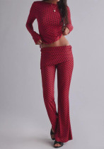 Women Autumn Solid Polka Dot Long Sleeve Short Irregular Top and Pants Two-Piece Set
