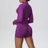 Women's Seamless Solid Color High Stretch Breathable Short Jacket Sport Running Fitness Three-Piece Set