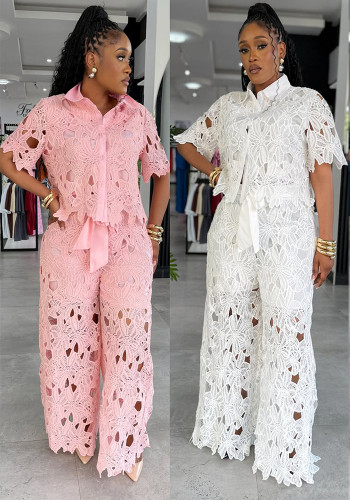 Women Elegant Hollow-Out Lace Top and Pant Two-Piece Set