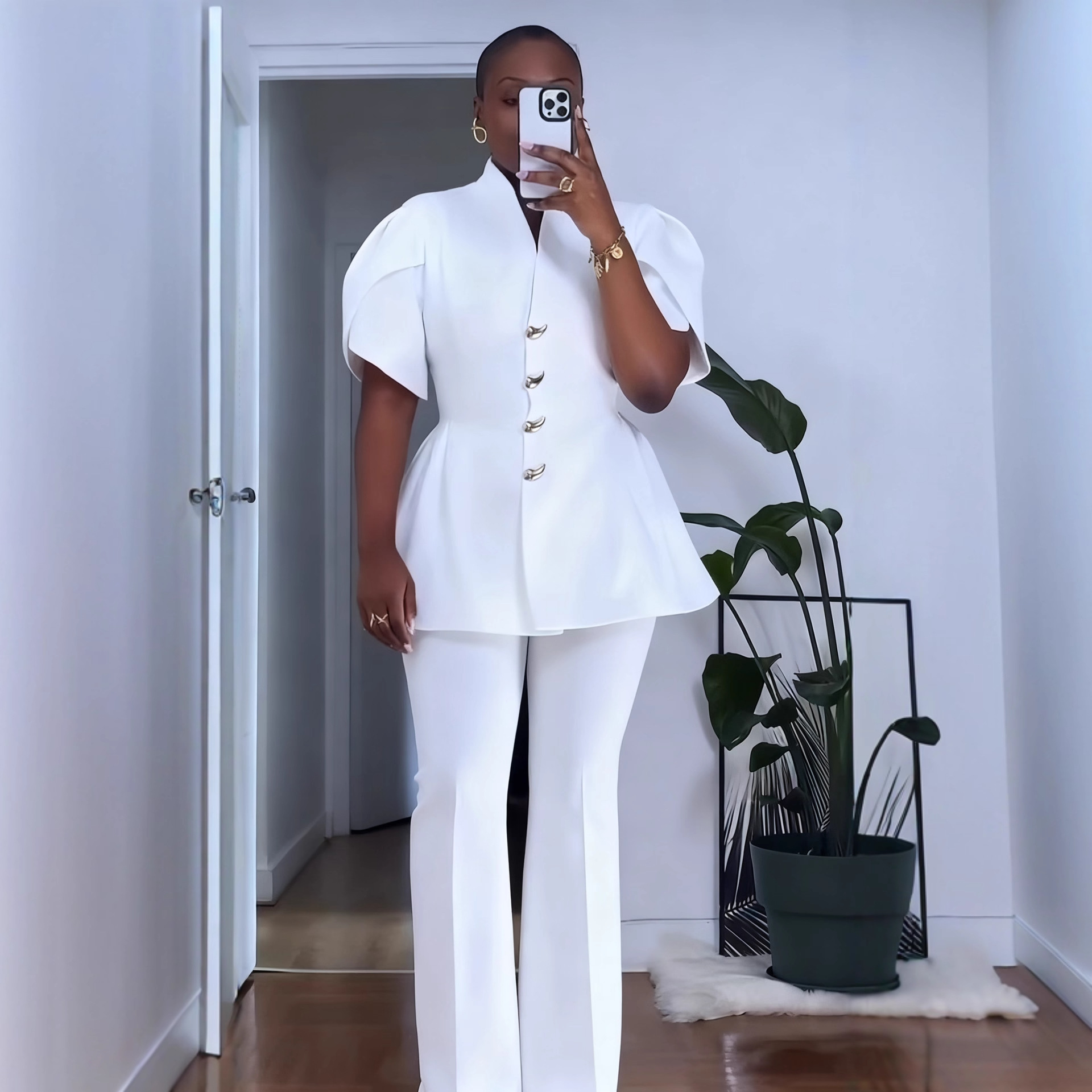 Women Elegant Puff Sleeve Button Top and Pant Two-Piece Set