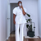 Women Elegant Puff Sleeve Button Top and Pant Two-Piece Set