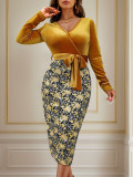 Women Patchwork Long-Sleeve V-Neck Tie-Up French Dress