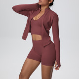 Women's Seamless Solid Color High Stretch Breathable Short Jacket Sport Running Fitness Three-Piece Set
