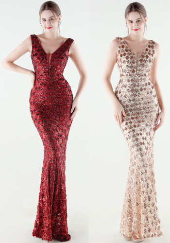 Women Sequined Beaded Mermaid Evening Gown