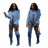 Women distressed irregular rhinestone studded shirt collar long-sleeved denim jacket