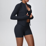 Women's Seamless Solid Color High Stretch Breathable Short Jacket Sport Running Fitness Three-Piece Set