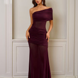Women French Mesh See-Through Slash Shoulder Sexy Off-Shoulder Pleated Maxi Dress