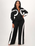 Women Autumn/Winter Sporty Color Block Casual Half-Open Long-Sleeve Jumpsuit