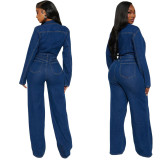 Women Stretchy Bell Bottom Long-Sleeve Denim Jumpsuit