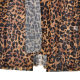 Women autumn leopard print see-through sexy backless long-sleeved top and pant two-piece set