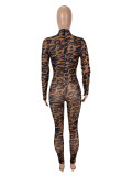 Women Sexy Mesh Leopard Print See-Through Long-Sleeve Jumpsuit